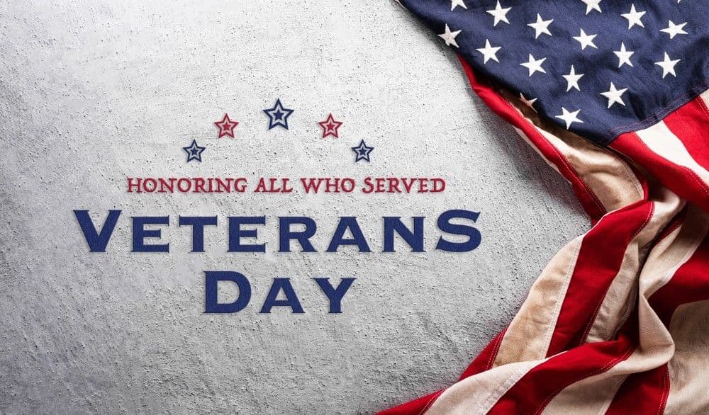 "Veterans Day image with text 'Honoring All Who Served' and 'Veterans Day' over a textured background. An American flag drapes in the corner."