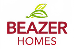 Beazer Homes logo featuring bold red text with the word 'Beazer' above 'Homes.' A stylized green leaf design is above the text on a black background.