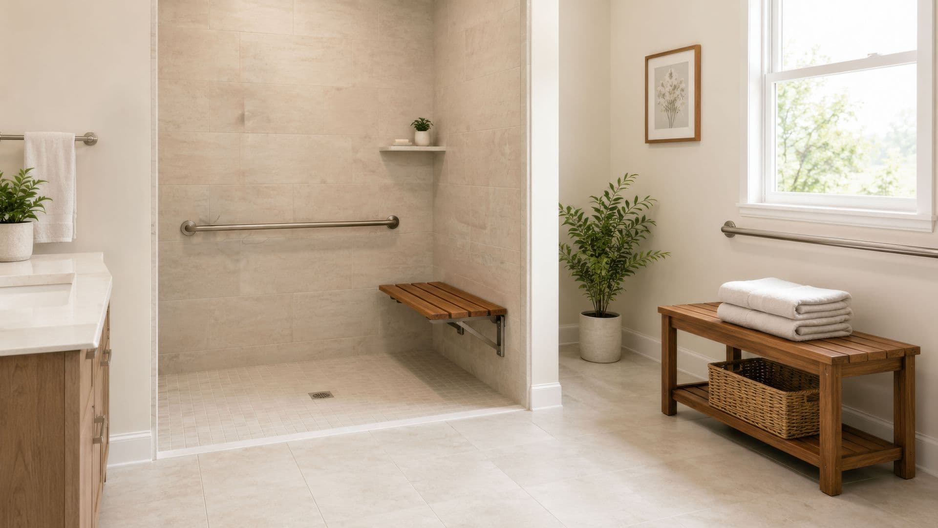 Accessible bathroom with walk-in shower featuring grab bar and wooden bench seat, wooden storage bench with folded towels, potted plant, and large window with natural light